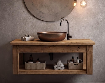 Rustic Solid Wood Floating Bathroom Vanity | Handmade Farmhouse Sink Cabinet