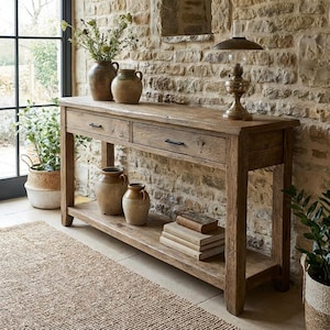Peut inclure: Une console en bois rustique avec deux tiroirs et une étagère inférieure. La table est ornée de vases décoratifs, de livres et d'une lampe vintage. La finition en bois naturel complète le mur en pierre, créant une atmosphère chaleureuse et accueillante.