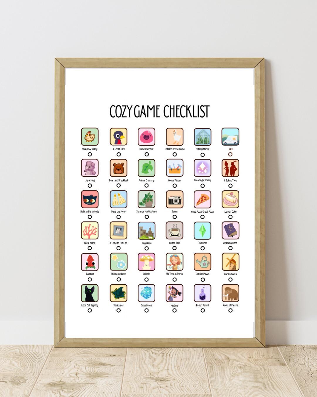 Cozy Game Checklist Poster | 35+ Games | Gamer Gift | Gaming Room Decor ...