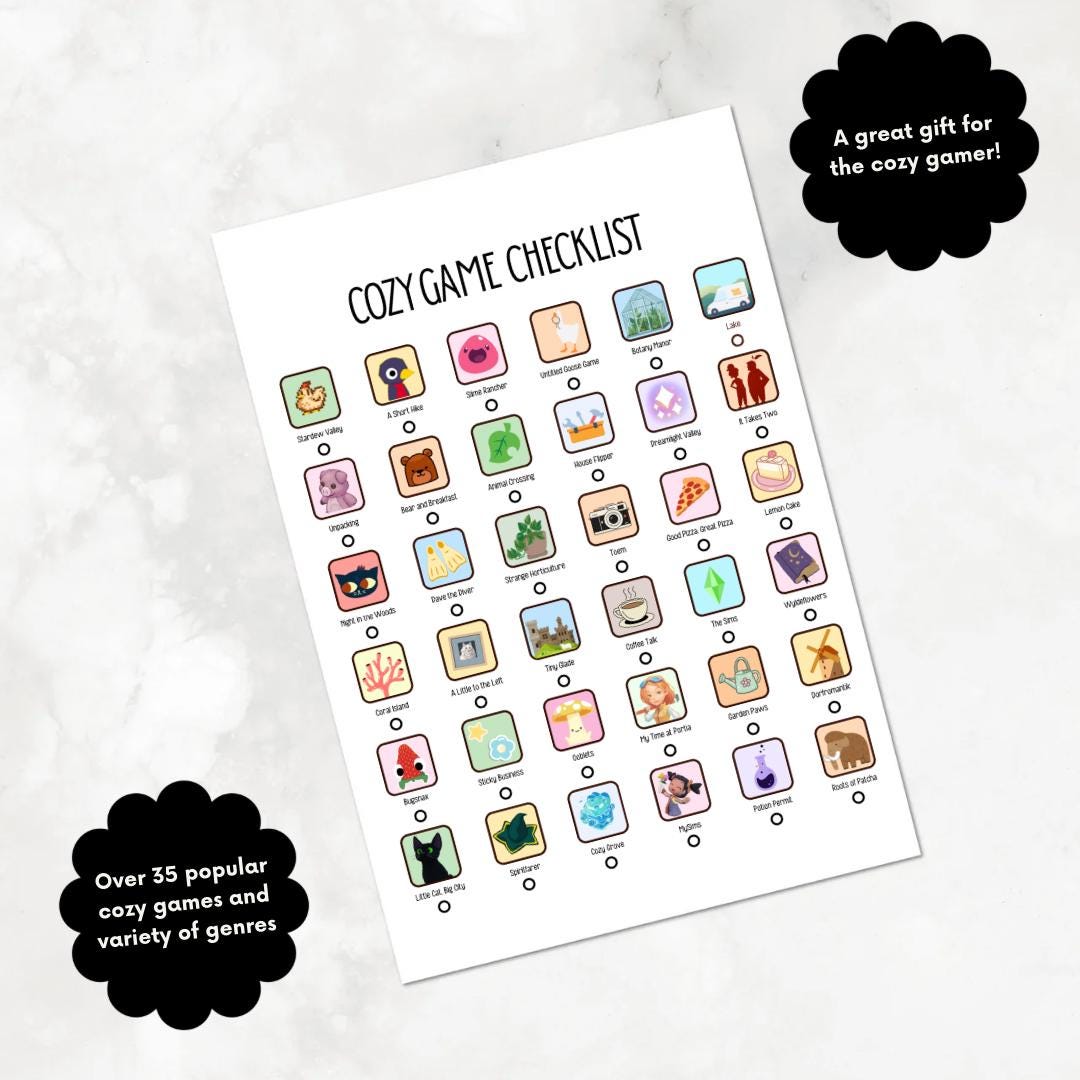Cozy Game Checklist Poster | 35+ Games | Gamer Gift | Gaming Room Decor ...
