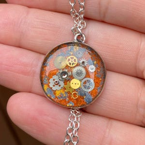 Small Orange and Silver Steampunk Resin Gear Pendant 2