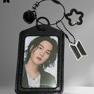 BTS Inspired Photocard Holder Keychain: Black PU Leather ARMY Fan Gift