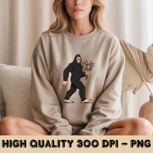 Bigfoot with Flowers PNG, Romantic Sasquatch Clipart, Bigfoot Sublimation Design, Cryptid with Bouquet Shirt Design Print, Digital Download