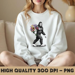 Bigfoot with Flowers PNG, Romantic Sasquatch Clipart, Bigfoot Sublimation Design, Cryptid with Bouquet Shirt Design Print, Digital Download
