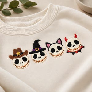 Halloween Skull Embroidered Shirt, Cute Spooky Face Sweatshirt, Western Witch Cat Devil Embroidery Tee, Lovely Halloween Hoodie for Girls
