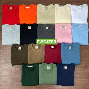 May include: A collection of folded crew neck sweaters in various colors, including red, orange, beige, white, light blue, gray, black, dark gray, pink, olive green, brown, burgundy, teal, green, and navy. The word "SWEATER" is displayed in green.
