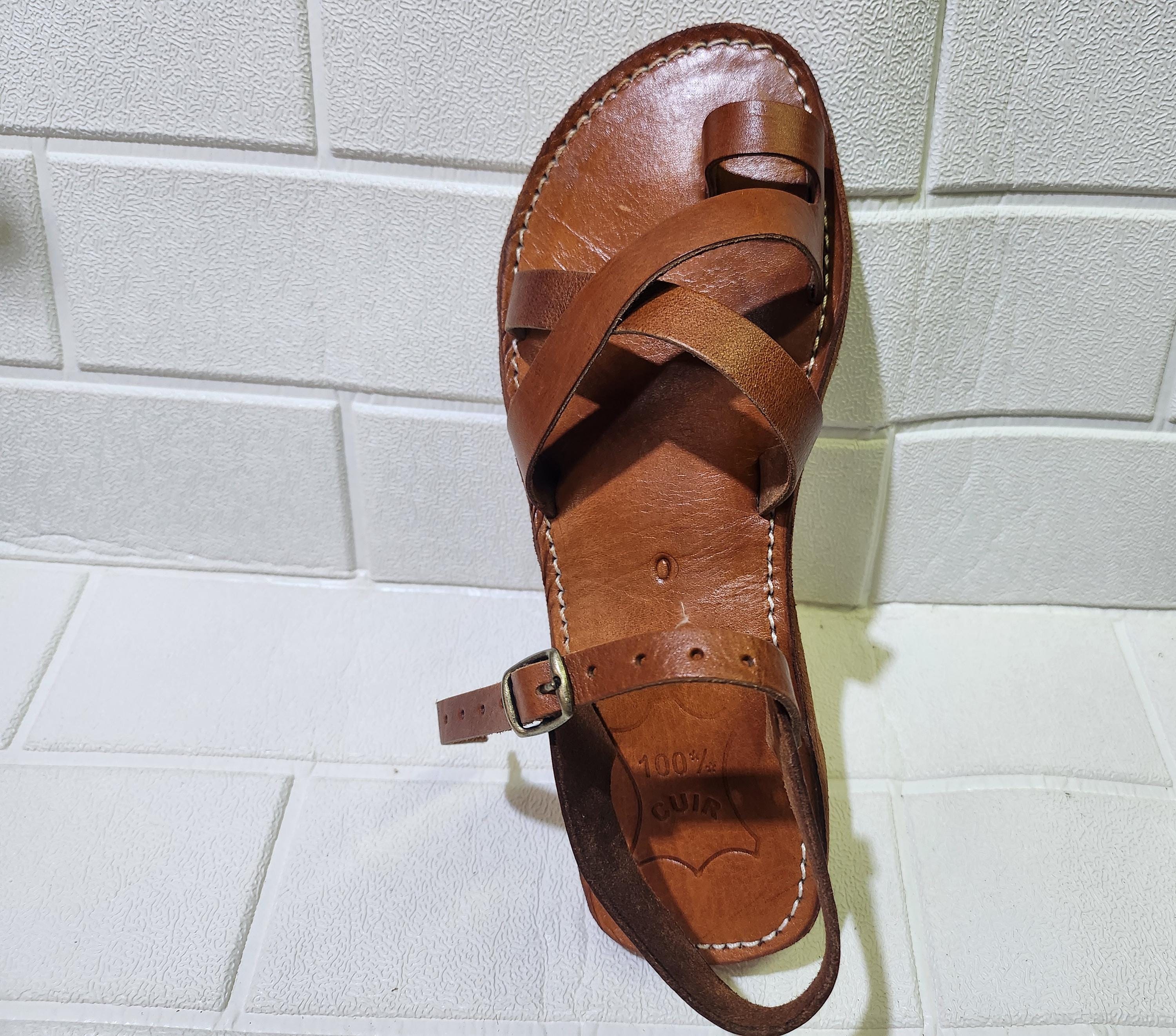 Handmade Moroccan Leather Sandals for Women – Brown Toe Loop Flat Sandals – Genuine Leather Summer Shoes – Buckle Strap Design
