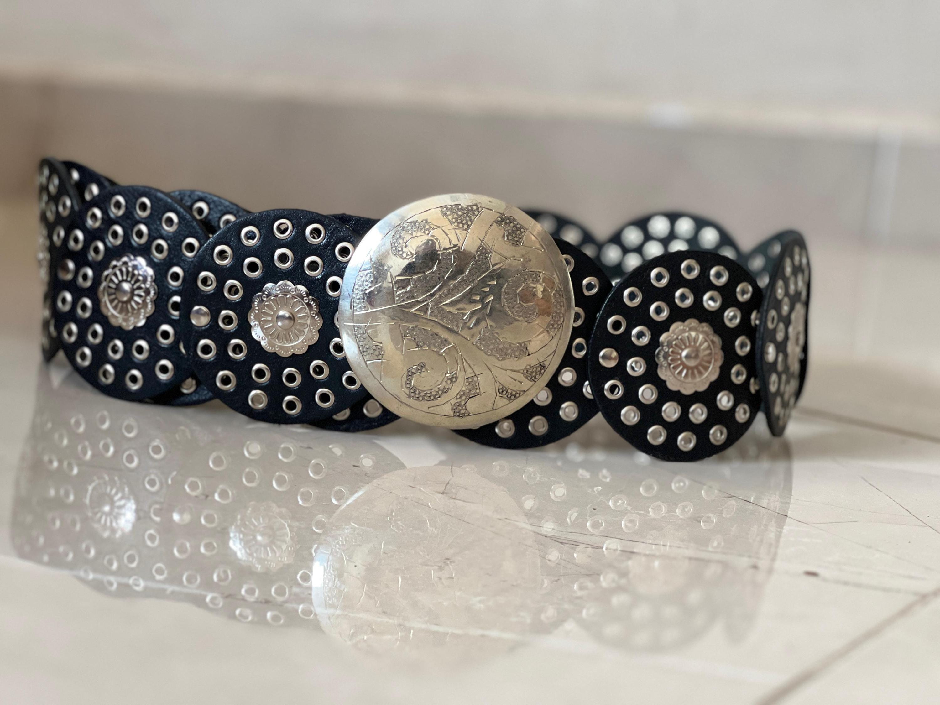 Vintage Moroccan Woven Leather Belt Wide Boho Silver Buckle 37” x 3” Vintage Braided Leather Belt With Metal and Bone Buckle  main image 2