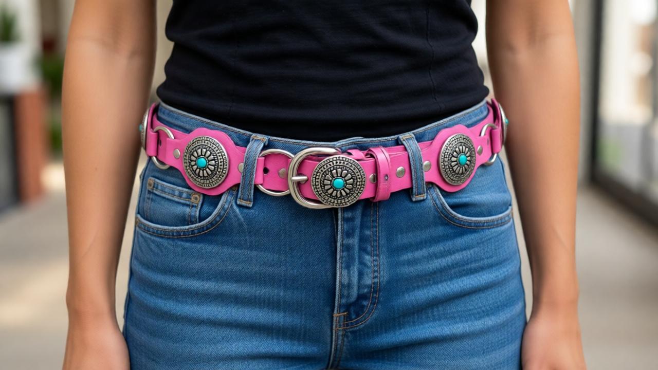 NEW BOHO RANCH women\'s rhinestone concho chain belt in pink RCB-1040 Rustic Couture Etched Oval Concho Link Chain Belt  main image 3