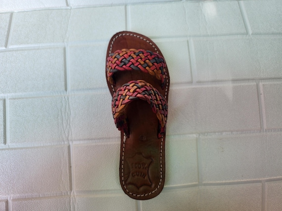 Handmade Moroccan Leather Sandals for Women – Multicolor Braided Slides – Flat Open Toe Shoes – Genuine Leather Summer Artisan Footwear