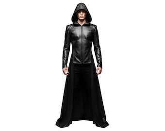 Abrigo largo con capucha de cuero negro / Gabardina medieval de asesino / Chaqueta de fantasía para cosplay, atuendo renacentista para LARP / Abrigo de guerrero gótico hecho a mano