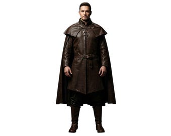 Brown Leather Cloak for Men | Medieval Warrior Cape | Handmade Gothic Trench Coat | Viking Renaissance Cosplay Outfit