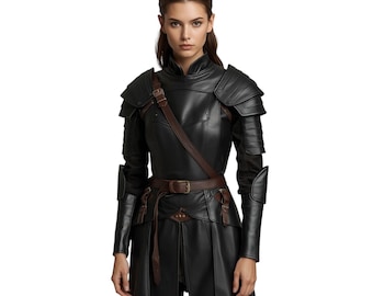 Women’s Black Leather Warrior Armor Costume – Medieval Fantasy Cosplay Tunic with Belt & Shoulder Plates, Gothic LARP Outfit