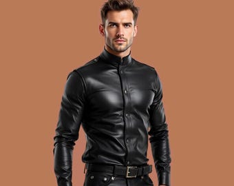 May include: A black leather long-sleeved shirt with a button-up collar and a single button closure at the neck.