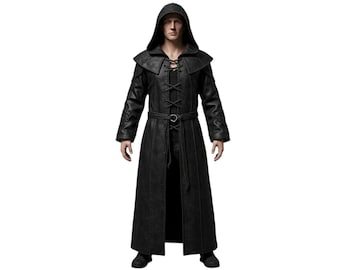 Men’s Long Black Real Leather Hooded Trench Coat | Gothic Steampunk Medieval Assassin Costume Jacket | Cosplay Cloak Outfit