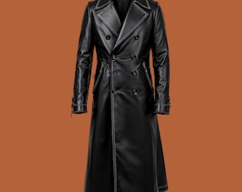 Real Leather Handmade Trench Coat for Men Handmade Black Leather