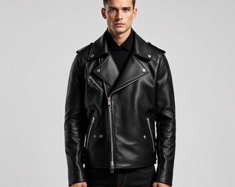 May include: A black leather motorcycle jacket with a zipper closure and multiple pockets.