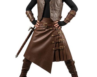 Medieval Brown Leather Warrior Kilt | Handmade Renaissance Battle Skirt | Viking LARP Armor Costume | Fantasy Cosplay Outfit Men