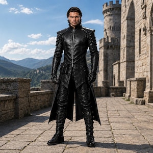 May include: A black leather long coat featuring a high collar, a full-length front zipper, structured shoulder detailing, and a fitted waist. The coat is paired with matching black leather trousers and tall black boots, creating a cohesive outfit.