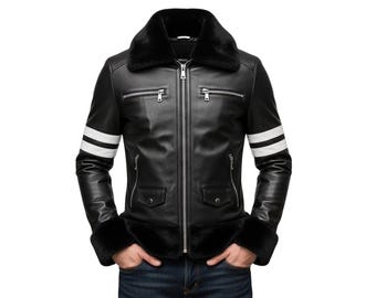 Mens Black Shearling Leather Jacket Biker Aviator Fur Collar Winter Motorcycle Coat Handmade Custom