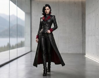 Könnte beinhalten: Ein langer schwarzer Ledermantel mit dunkelrotem Innenfutter, hohem Kragen und Gürtel in der Taille. Der Mantel wird über einer passenden schwarzen Lederhose und schwarzen Lederstiefeln getragen. Das Outfit hat betonte Schultern und Knöpfe.