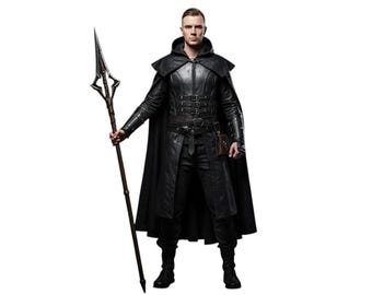 May include: A person in a black leather outfit with a hooded cloak, holding a spear. The outfit includes a long coat, pants, and boots. The spear has a decorative head. The person is standing against a white background.