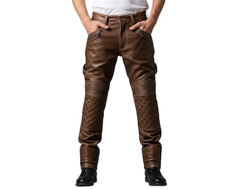 Brown Real Leather Pants For Men | Quilted Biker Trousers | Gothic Steampunk Festival Costume | Handmade Vintage Motorcycle Pants