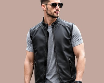 Handmade Men’s Black Leather Vest Sleeveless Motorcycle Biker Waistcoat Gothic Steampunk Festival Cosplay Vest Real Leather Men