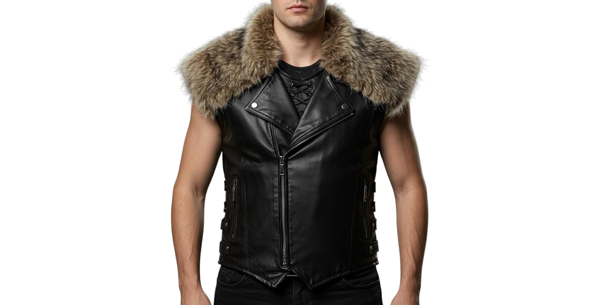 Black Leather Fur Collar Vest for Men – Viking Warrior Biker Vest