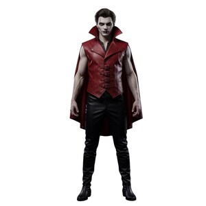 May include: A red leather vest with a matching cape, worn over a black shirt and black leather pants. The vest has decorative buckles. The outfit is a costume or cosplay ensemble.