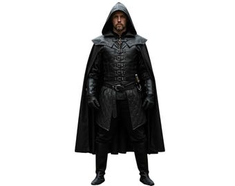 Medieval Assassin Black Leather Armor Set | Gothic Hooded Warrior Costume | Renaissance Faire Cosplay Outfit | Fantasy LARP Cloak & Armor