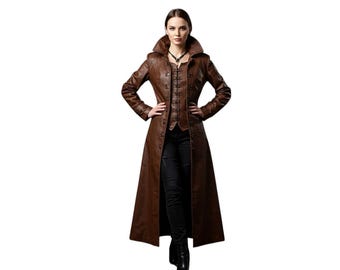 ブラウンレザートレンチコート ブラウンレザートレンチコートレディース｜ゴシックヴァンパイアロング