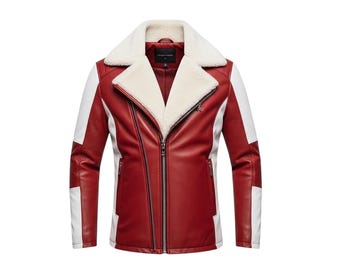 Leren herenjas rood witte schapenvacht – biker winterjas, warme bontkraag motorjas, handgemaakte echt leren jas, cadeau voor hem