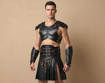 Gladiator Leather Armor Set Roman Warrior Costume | Medieval Chestplate Kilt Skirt Outfit | Ren Faire & Cosplay Battle Gear
