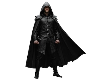 Black Hooded Leather Cloak for Men | Medieval Warrior Costume | Gothic Steampunk Trench Coat | Fantasy Cosplay Cape Outfit