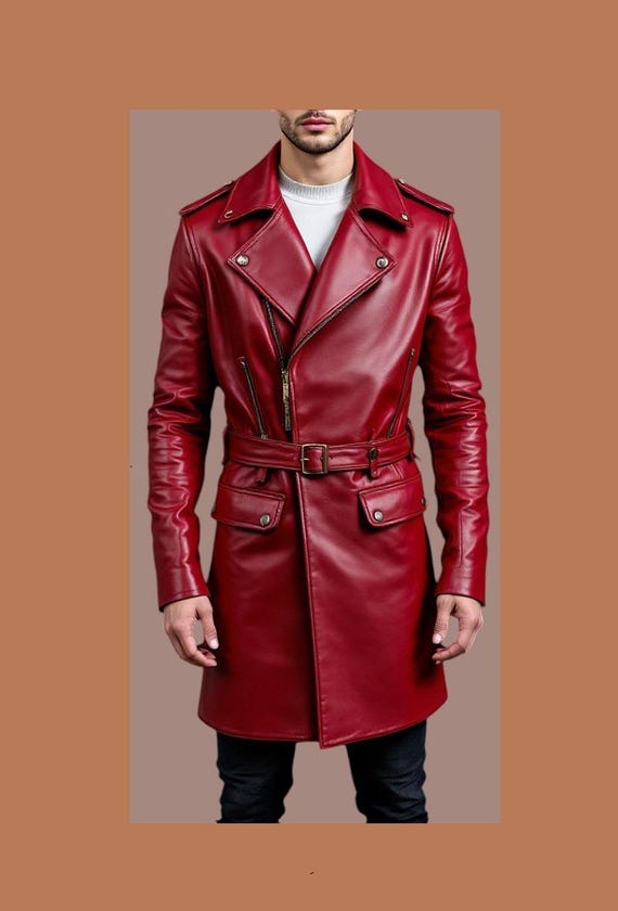 Genuine Red Leather Handmade Trench Coat for Men Handmade Black