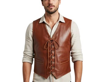 Bruin leren vetervest heren handgemaakt renaissance steampunk westerngilet