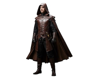 Brown Leather Hooded Cloak Armor | Medieval Fantasy Costume | Renaissance Faire Outfit | LARP Cosplay Warrior Coat for Men