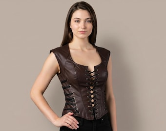 Brown Leather Corset Top Women | Gothic Renaissance Steampunk Laced Bustier | Festival, Cosplay, Ren Faire, Medieval Armor Style
