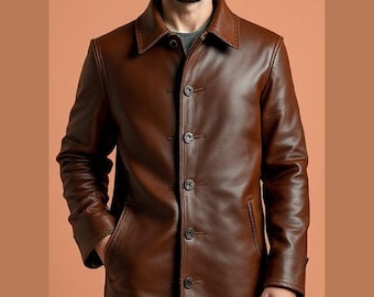 Cappotto lungo in vera pelle marrone da uomo, cappotto invernale classico in vera pelle, giacca con chiusura a bottoni, capospalla fatto a mano in stile vintage