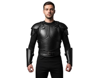 Men’s Black Leather Armor Vest Handmade Medieval Viking LARP Fantasy Shoulder Chest Guard