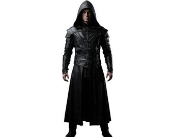 Assassin Hooded Leather Coat | Gothic Medieval Trench Coat | Renaissance Faire Outfit | Cosplay Black Hooded Cloak Costume for Men