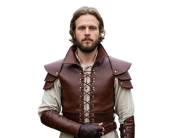 Men’s Brown Real Leather Armor Vest | Medieval Warrior Costume with Shoulder Plates & Bracers | LARP Cosplay Ren Faire Outfit