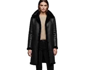 Casaco feminino preto de pele de carneiro | Jaqueta longa de couro de carneiro | Sobretudo de inverno com forro de pele | Sobretudo feito à mão para presentear ela