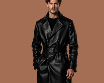 Genuine Leather Handmade trench coat for men Handmade black Leather coat for Men Leather coat with belt Classic Leather coat gift for Him