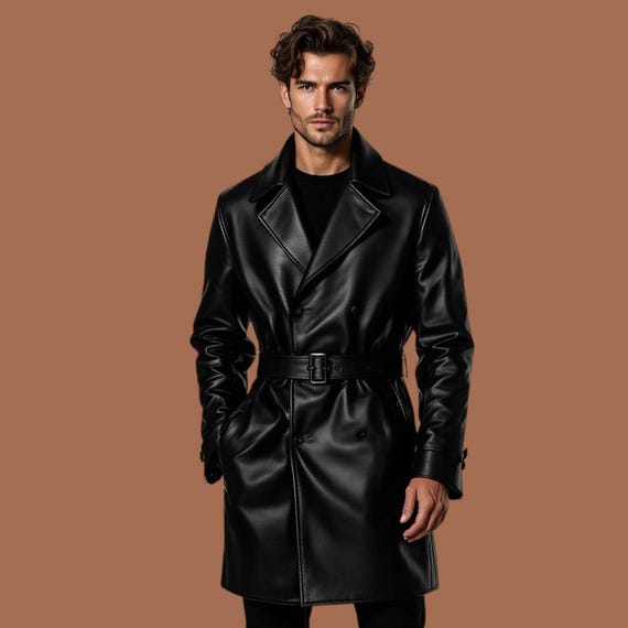 Echtes Leder Handgefertigter Trenchcoat für Männer Handgefertigter