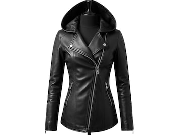May include: A black leather jacket with a hood, displayed on a mannequin. The jacket features a diagonal zipper closure, multiple zippered pockets, and a notched lapel. The sleeves are long, and the jacket has a fitted silhouette.