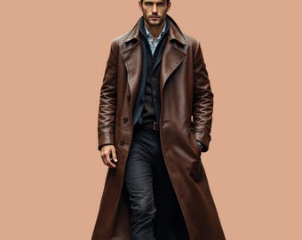 May include: A brown leather trench coat with a button closure and a collar. The coat has a long length and is worn by a person with dark hair.
