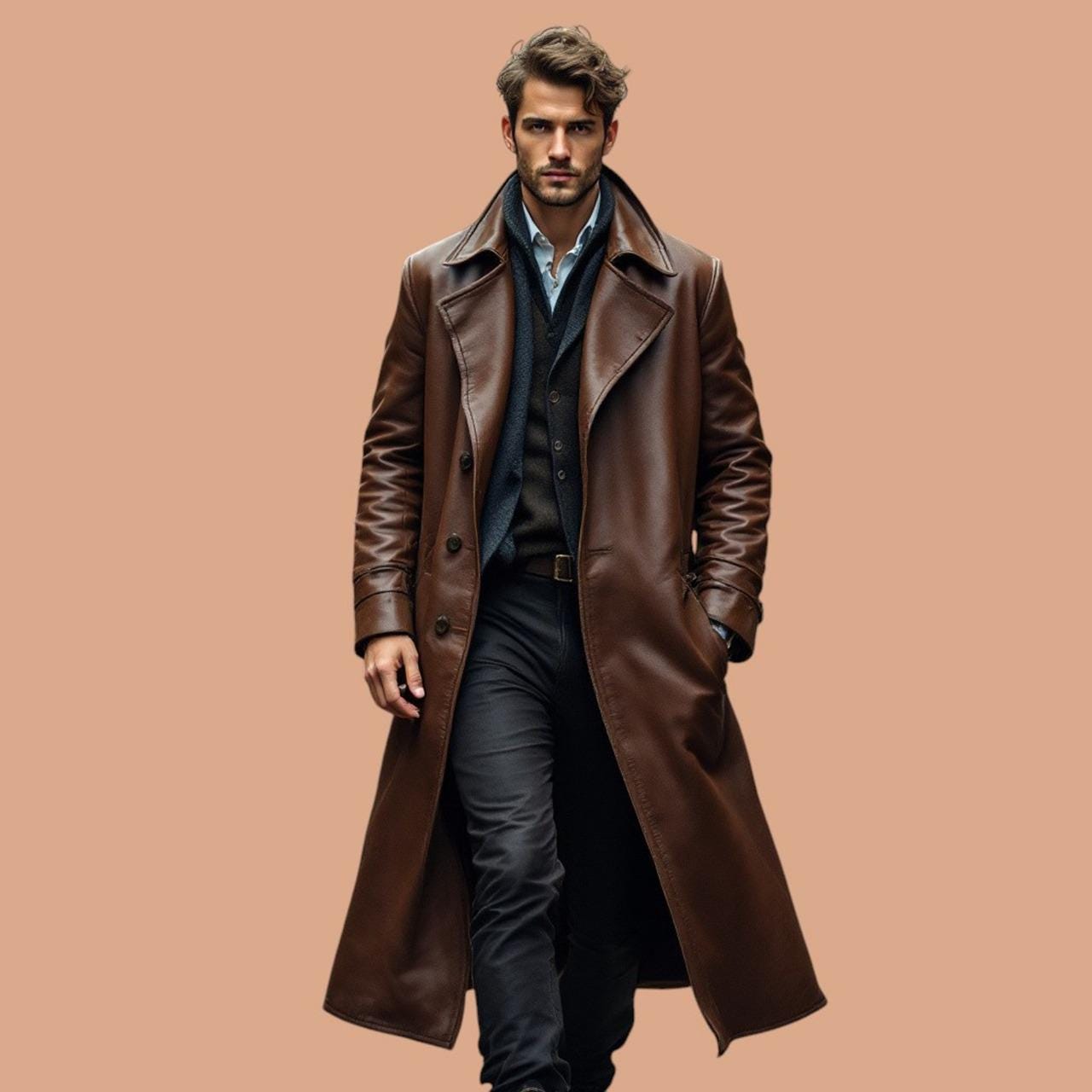 Handmade Men's Long Brown Leather Trench Coat Vintage Full Length