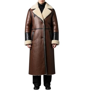 Men’s Long Shearling Leather Coat Brown Sheepskin Winter Jacket Warm Fur Trim Overcoat